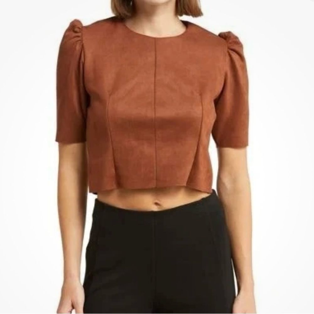 Tahari Puff Sleeve Faux Leather Suede Crop Top, Color Luggage,